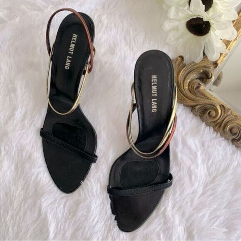 HELMUT LANG BLACK METALLIC STRAP LEATHER SLINGBACK HEELS 10/40